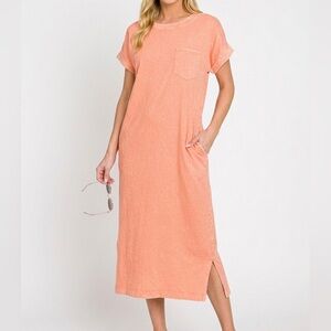 NWT Zenana Coral Orange Acid Wash Short Sleeve Midi Length T-Shirt Dress